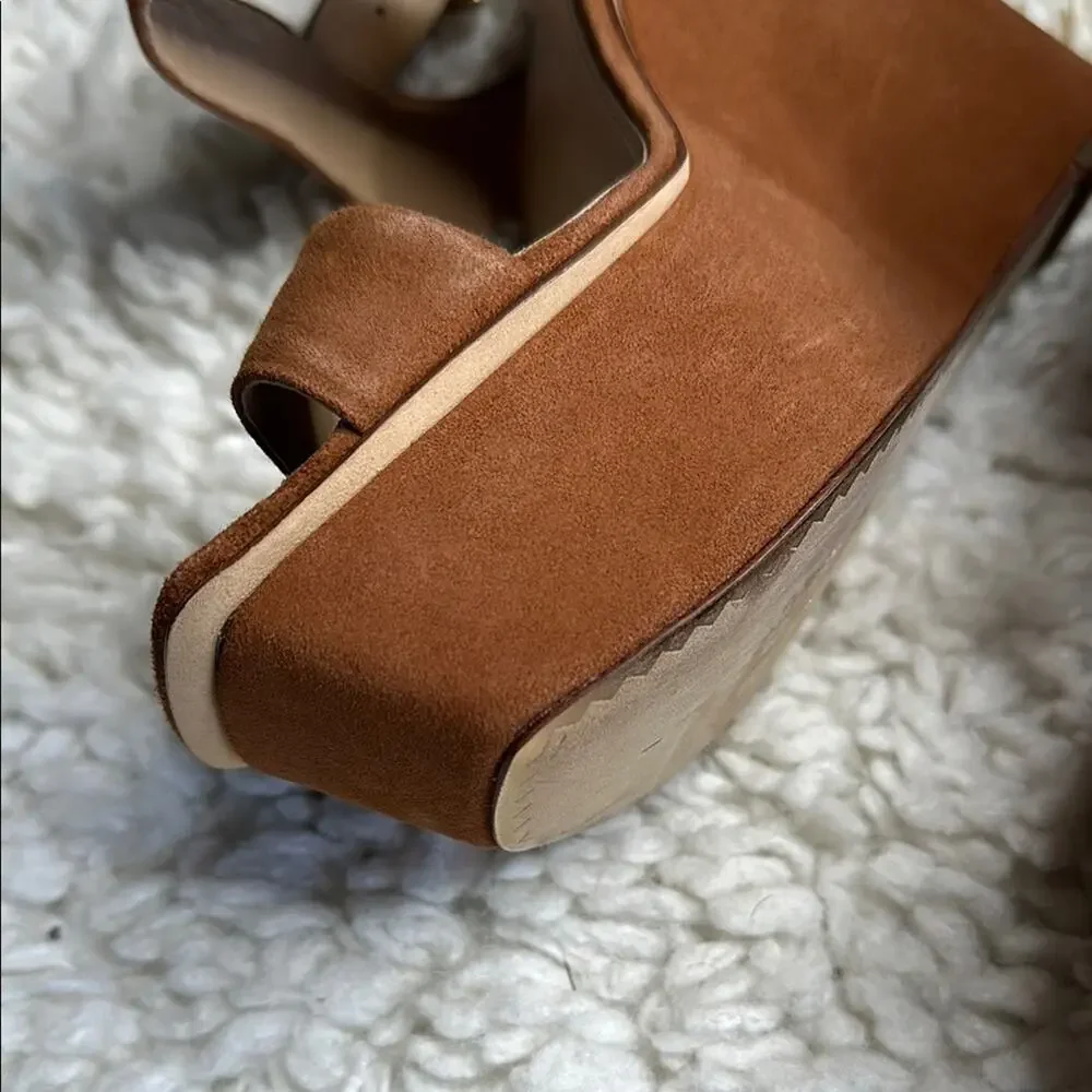 Tory Burch Women's Tan Sandals Suede Wedge Strappy Heels Brown Neutral Classy